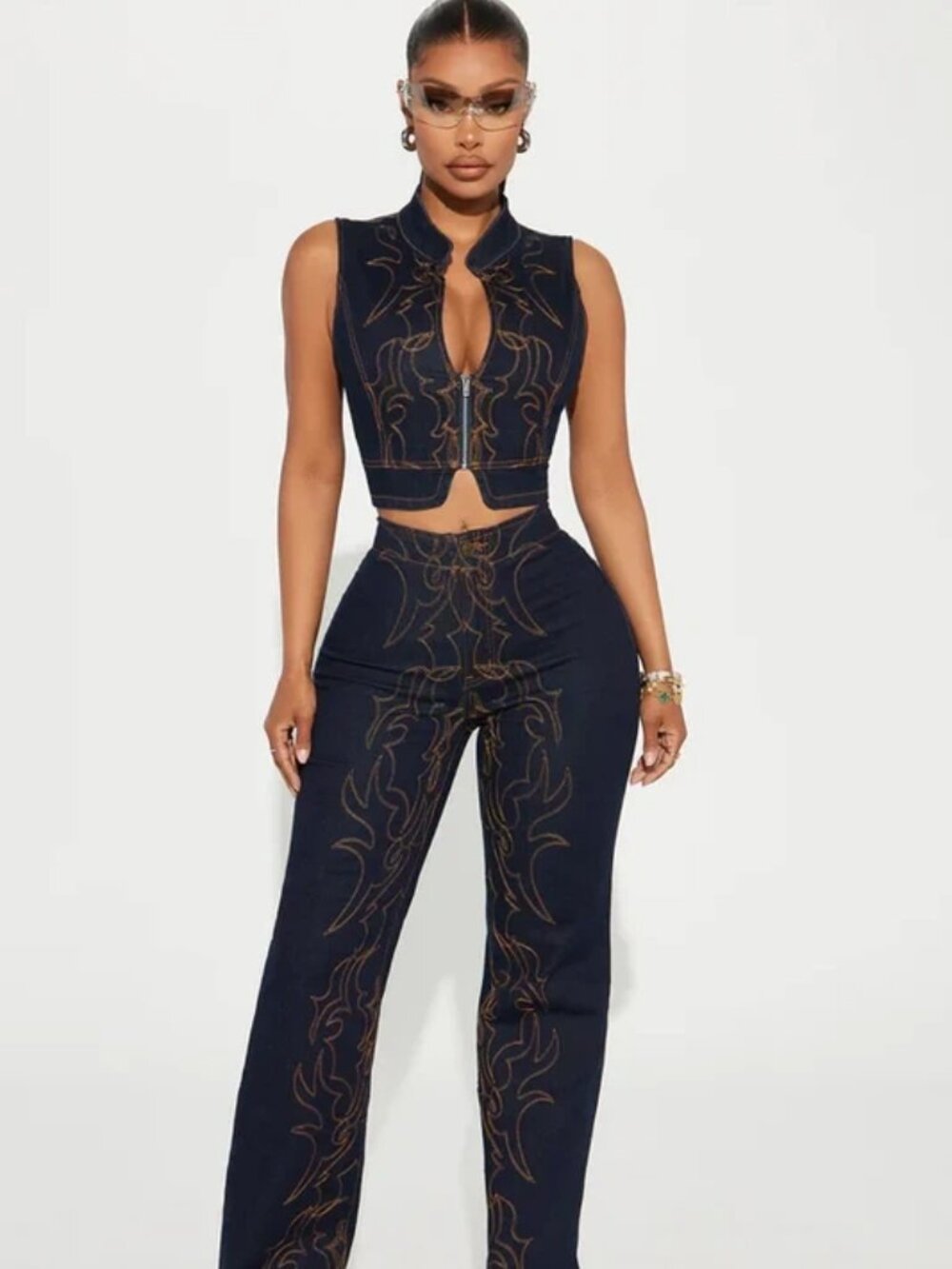 Take The Reigns Embroidered Stretch Wide Leg Jeans - Dark Wash